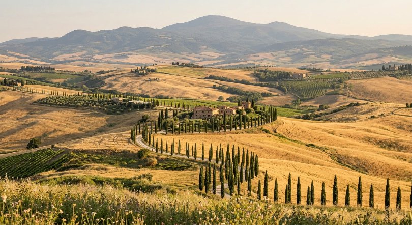 casale toscano in pietra con persiane in legno, porticato rustico, prato verde e alberi secolari