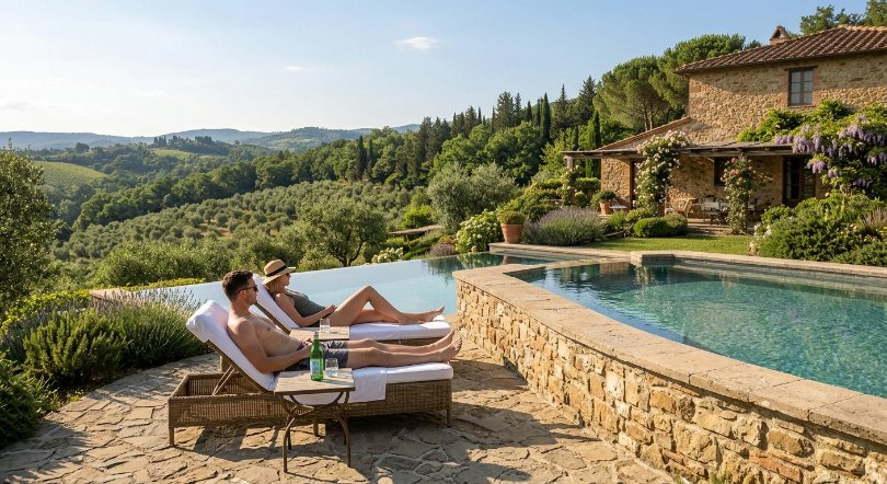 piscina all'aperto dell'agriturismo toscano con due zone di profondità distinguibili, una bassa per bambini e una più profonda per adulti, lettini e prato intorno
