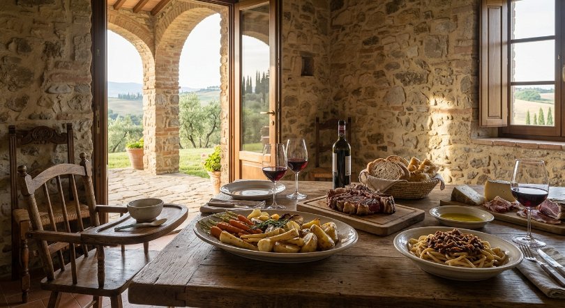 sala interna del ristorante dell'agriturismo, travi in legno a vista, pareti rustiche, tavoli apparecchiati e luce calda