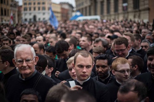 Rome, Italy, 27/4/2014.Two popes become saints in historic canonization ceremony.Pope Francis declared John Paul and John XXIII saints on Sunday morning, under grey skies, a crowd estimated at 250,000 in the Vatican’s St. Peter’s Square and streets nearby erupted in applause. Hundreds of polish flags were waved and some pilgrims wept with joy.